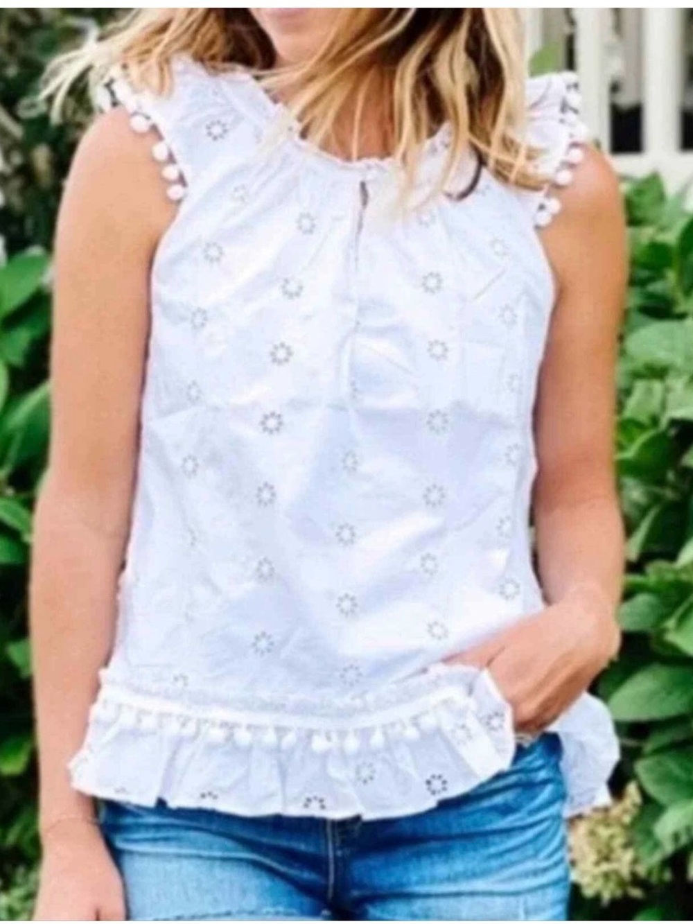 J.Crew white eyelet sleeveless peasant top ruffle and pom pom Size Small - Picture 3 of 5